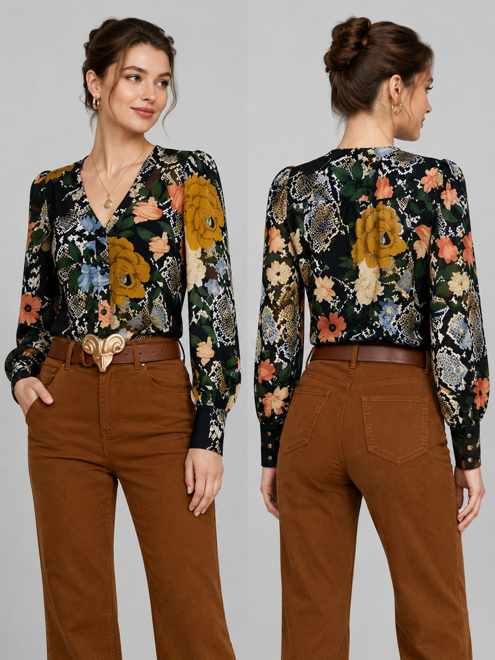 Cabi Snake Charmer Blouse Womens Medium Black Sheer Floral Chiffon Top 3762
